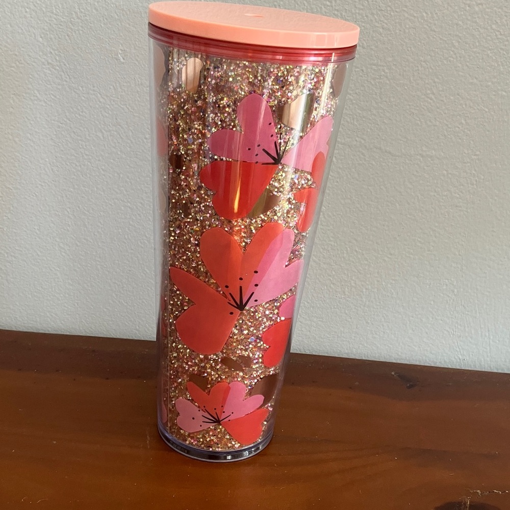 Starbucks Pink hearts glitter cherry blossoms large insulated cold cup